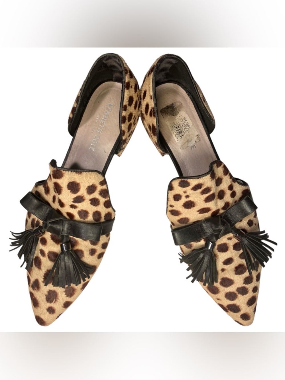 Kenneth Cole D'orsay Flat Pony Hair Leopard Animal Print Pointed Toe Bow Tassel